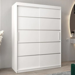 The CHOICEWARDROBE Vevey I Wooden Wardrobe features 2 sliding doors, a contemporary panelled design in white, soft-slide mechanism, and spacious shelves—offering a stylish, space-saving storage solution at 150cm wide.