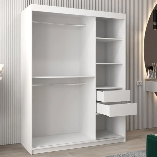 White 150cm sliding door wardrobe with panelled design and internal shelves and hanging rails.