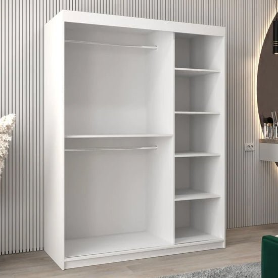 White 2-door sliding wardrobe with visible internal shelves and hanging rails