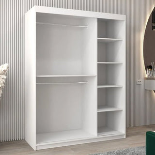 The CHOICEWARDROBE Vevey I Wooden Wardrobe features 2 sliding doors, a contemporary panelled white design, spacious shelves, and a soft-slide mechanism—perfect for stylish, space-saving storage in any modern room.