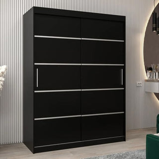The CHOICEWARDROBE Vevey I Wooden Wardrobe features 2 black sliding doors, silver trim, and a smooth glide mechanism. At 150cm wide, it offers modern, compact bedroom storage with a sleek design ideal for minimalist spaces.