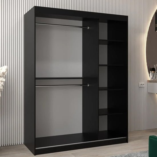 CHOICEWARDROBE Vevey I black 150cm sliding door wardrobe with silver trim.