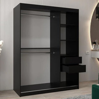 The CHOICEWARDROBE Vevey I Wooden Wardrobe features 2 black sliding doors with silver trim, smooth glide mechanism, and offers modern bedroom storage with ample shelves and rails in a compact 150cm design.