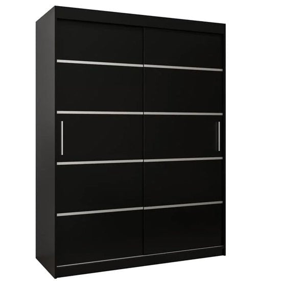 Black two-door sliding wardrobe with silver trim and vertical handles