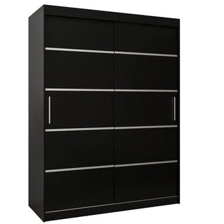 The CHOICEWARDROBE Vevey I Wooden Wardrobe features 2 black sliding doors with silver trim and vertical handles, offering compact, modern bedroom storage in a sleek 150cm design with a smooth glide mechanism.