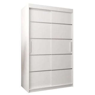The CHOICEWARDROBE Vevey I Wooden Wardrobe features 2 sliding doors in white with smooth glide panels and shelves. At 120cm, this contemporary storage wardrobe blends modern style and functionality, shown here against a plain white background.