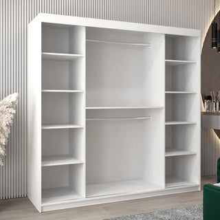 The CHOICEWARDROBE Vevey II 200cm Mirrored Sliding Door Wardrobe in white, with shelves and two hanging rails, stands against a vertically striped wall on a light floor, offering a premium double-door storage solution with smooth glide doors.