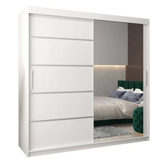 The CHOICEWARDROBE Vevey II 200cm Mirrored Sliding Door Wardrobe in white features premium double doors—one with grooves, one a full-length mirror—plus shelves, hanging rails, and a smooth glide system for stylish modern bedrooms.