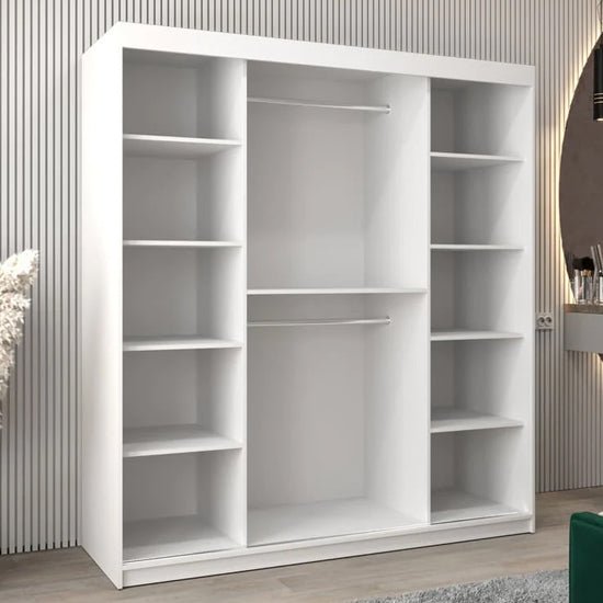 CHOICEWARDROBE Vevey III 180cm white sliding door wardrobe with visible shelves and hanging rails.