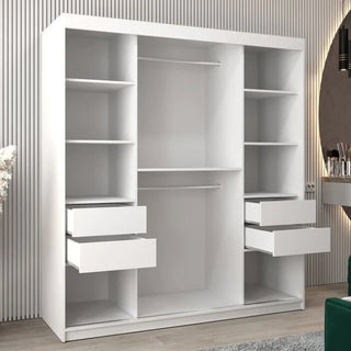 The CHOICEWARDROBE Vevey III 180cm Mirrored Sliding Door Wardrobe in white offers modern double-door storage with shelves, drawers, and hanging rails—delivering space-efficient organization for contemporary rooms.
