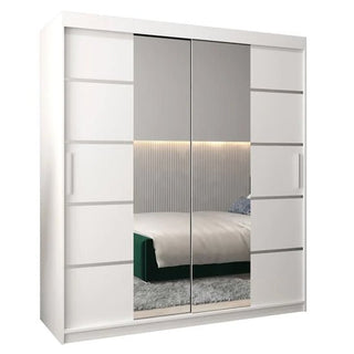 The CHOICEWARDROBE Vevey III 180cm Mirrored Sliding Door Wardrobe in white offers modern, space-efficient storage with shelves, drawers, and hanging rails—perfect for adding style and function to your bedroom.