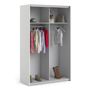 The CHOICEWARDROBE Vrok Oak & White Sliding Wardrobe (122 cm, 2 doors) features modern dual-tone shelves and hanging rails—perfect for organizing clothes, bags, hats, and boots. Complements oak doors beautifully in any space.