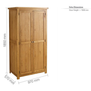 The CHOICEWARDROBE Webworms 2 Door Solid Oak Wardrobe in a light natural oak finish offers modern country style and full hanging storage. It measures 1850mm tall, 970mm wide, and 570mm deep, with paneled doors and a door height of 1656mm.