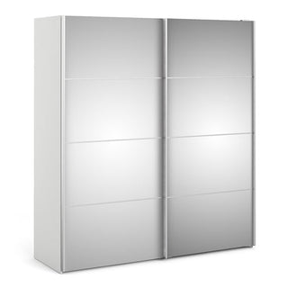 The CHOICEWARDROBE Wexon Mirrored Sliding Door Wardrobe features a high gloss white finish, two sliding mirrored doors with sectioned lines, and comes with 2 shelves. Photographed against a white background—ideal for bedroom storage.