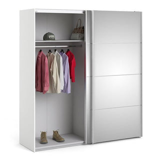 The CHOICEWARDROBE Wexon Mirrored Sliding Door Wardrobe in high gloss white stands open, showing two spacious shelves for accessories and clothes—ideal for stylish, organized bedroom storage.