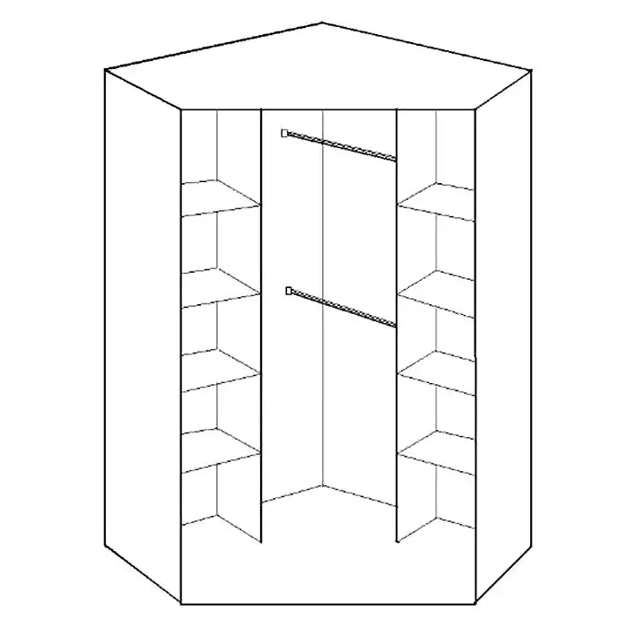 Internal view of a white corner wardrobe showing angled shelves and two hanging rails.