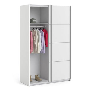 Internal view showing hanging rail and open shelf inside the ChoiceWardrobe 2 Door White Sliding Wardrobe.