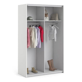 Fully open ChoiceWardrobe White Sliding Wardrobe with clothes and accessories displayed – elegant and practical bedroom storage.