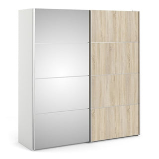 The CHOICEWARDROBE Wonk 180cm Oak & White Mirrored Sliding Door Wardrobe is a modern, space-saving bedroom storage solution with shelves and hanging rails for stylish organization.