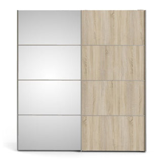 The CHOICEWARDROBE Wonk 180cm Oak & White Mirrored Sliding Door Wardrobe offers modern, space-saving bedroom storage with a natural oak finish, mirrored doors, shelves, and hanging rails for a stylish and functional solution.