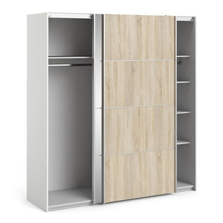 The CHOICEWARDROBE Wonk 180cm Oak & White Mirrored Sliding Door Wardrobe features white sides, two light oak-finish sliding doors, a left section with a hanging rail and shelf, and a right section with shelves for bedroom storage.
