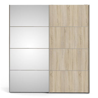 The CHOICEWARDROBE Wonk 182cm 2 Door Sliding Mirrored Wardrobe features dual tone white and oak finish with mirrored and light wood panels, smooth glide tracks, and a space-saving modern design—ideal for elegant bedroom storage.