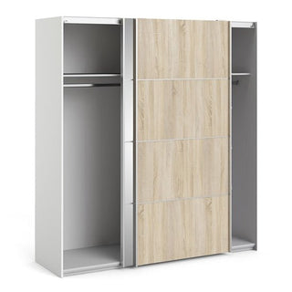 The CHOICEWARDROBE Wonk 182cm sliding wardrobe features dual tone white and oak, mirrored doors on smooth glide tracks, and an empty interior with two hanging rails for modern, space-saving bedroom storage.