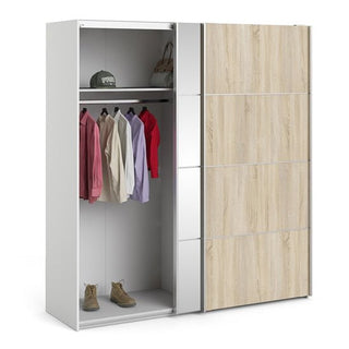 The CHOICEWARDROBE Wonk 182cm 2 Door Sliding Mirrored Wardrobe in dual tone white & oak opens to reveal organized storage for clothes, accessories, and shoes—perfect space-saving style with smooth glide tracks for any modern bedroom.