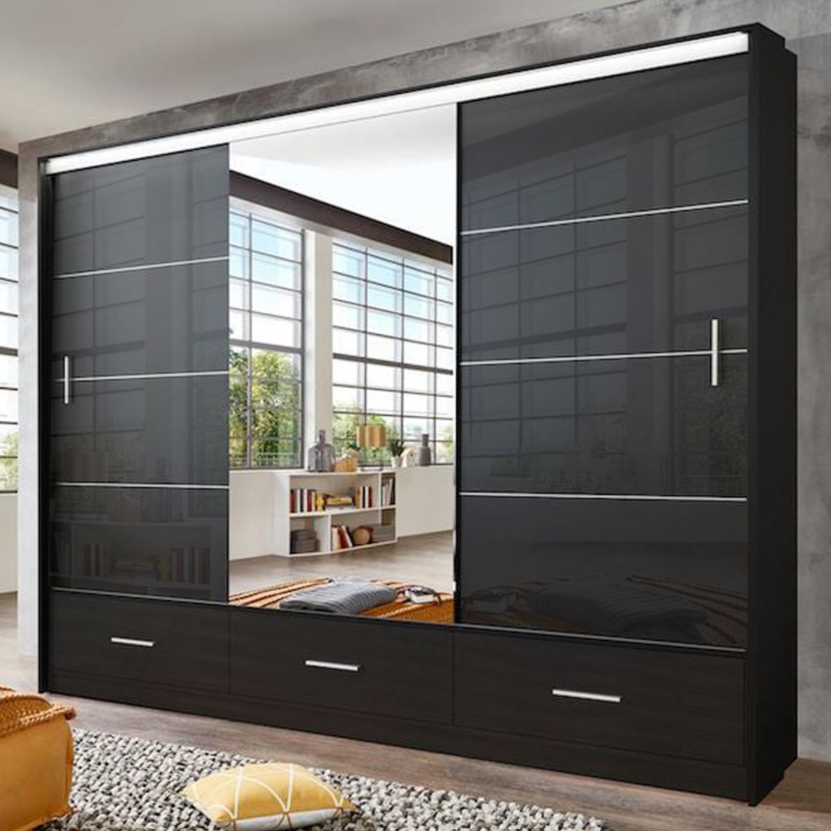 Warrington 256cm 3-Door Mirrored Sliding Wardrobe with 3 Drawers in White – product detail