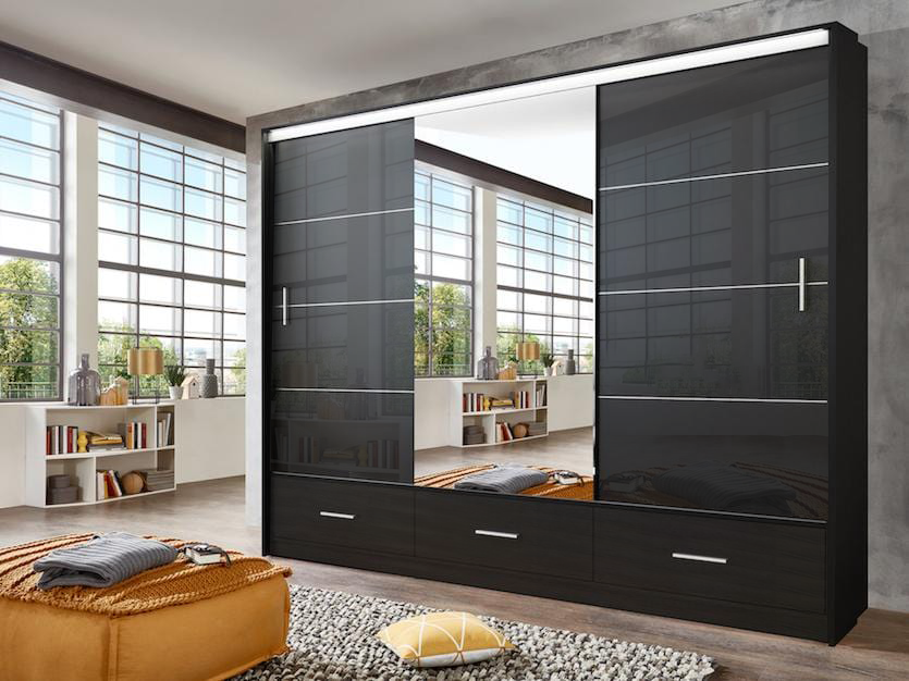 Warrington 256cm 3-Door Mirrored Sliding Wardrobe with 3 Drawers in White – product detail
