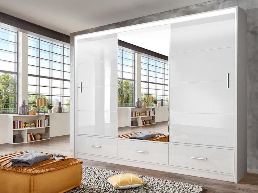 Warrington 256cm 3-Door Mirrored Sliding Wardrobe with 3 Drawers in White – product detail