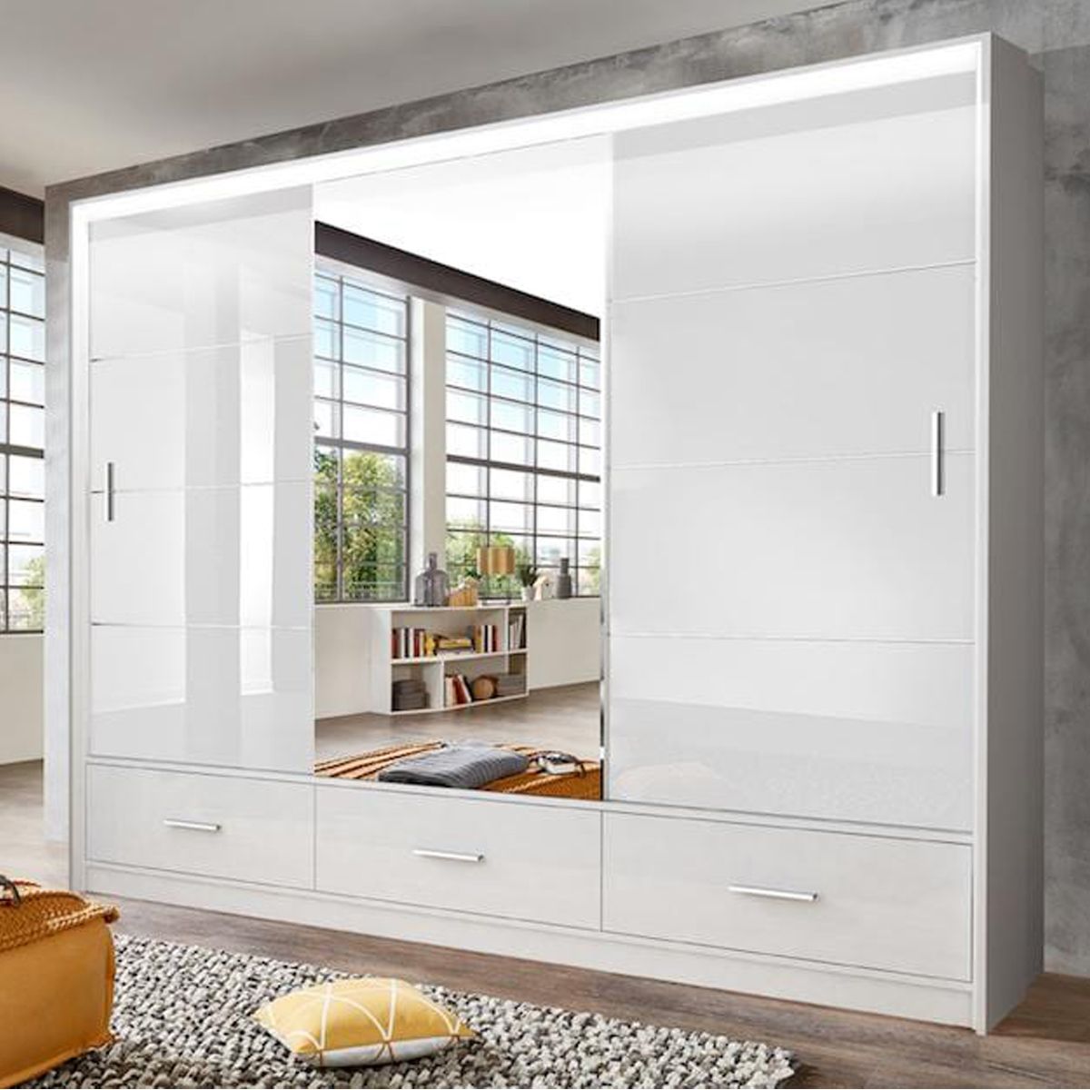 Warrington 256cm 3-Door Mirrored Sliding Wardrobe with 3 Drawers in White – product detail