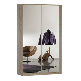 The Corner Wardrobe - GEMA 2 Door Wardrobe Oak 95cm features mirrored doors reflecting a wicker chair, coat stand with a purple jacket, brown bag on the floor, and a black and purple checked rug.