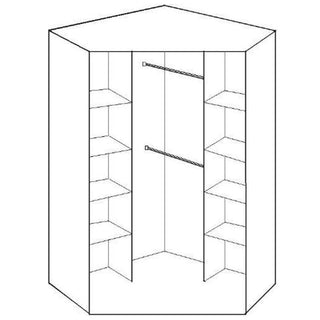 Line drawing of the GEMA 2 Door Wardrobe Oak 95cm, a mirrored corner wardrobe designed to fit into a corner, featuring two central hanging rods and shelves on both sides with angled outer panels.