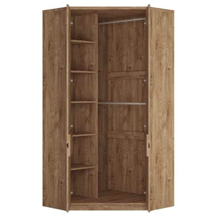 FABIA 2 door oak corner wardrobe with open doors showing shelving and hanging rail