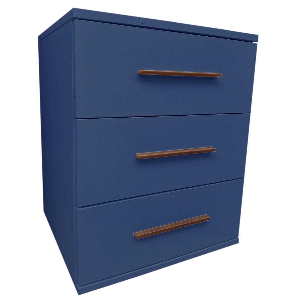 Winstead 45cm bedside table in dark blue — warm metallic bar handles