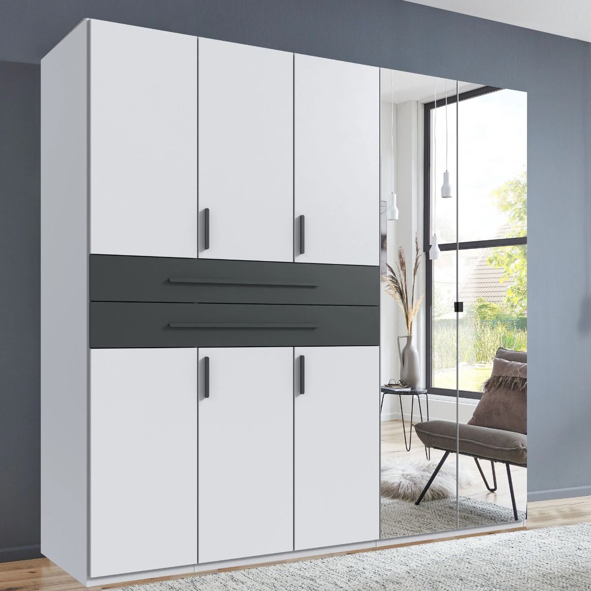 Dexo 225cm wardrobe in white, with mirrored doors — contrasting dark drawer fronts