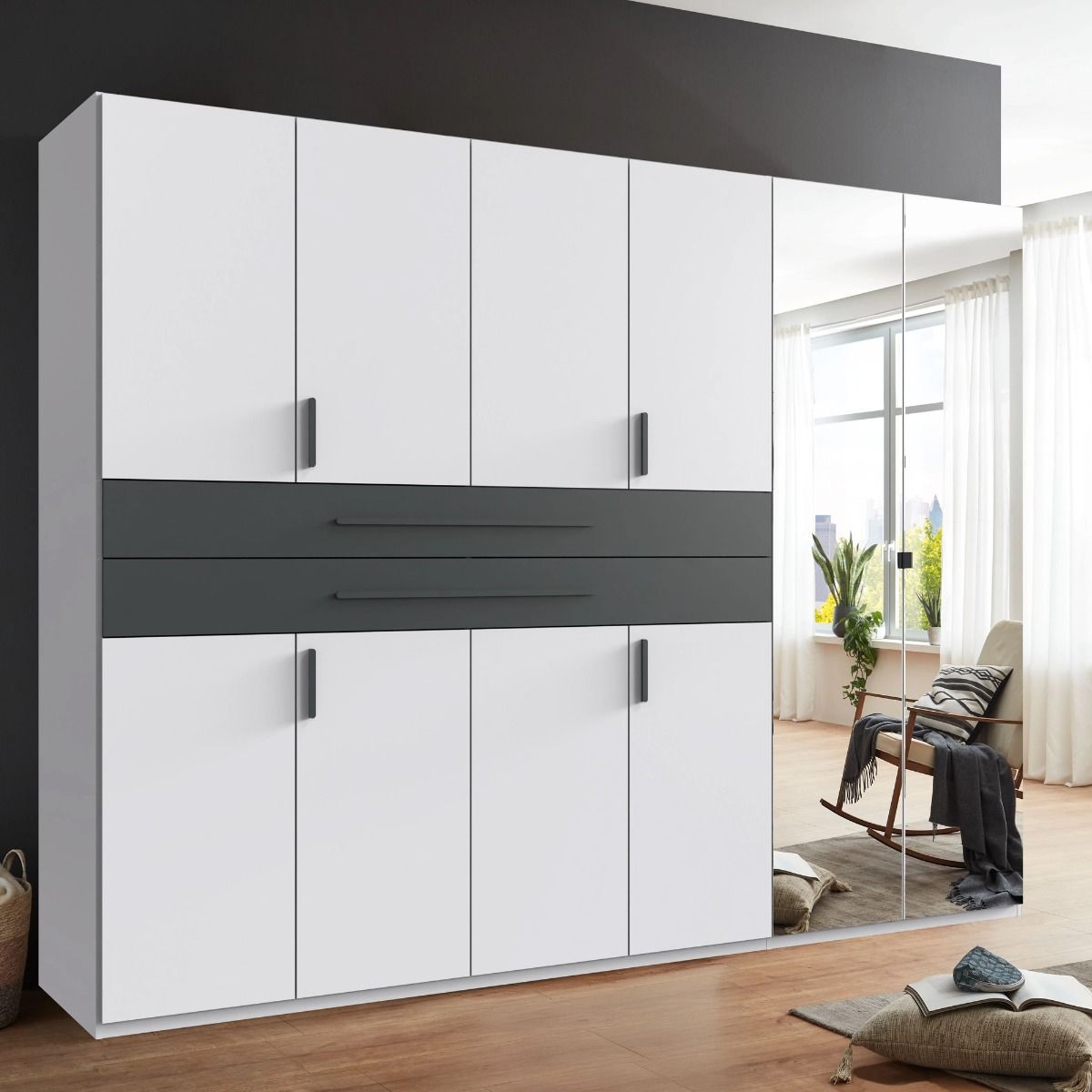 Dexo 270cm wardrobe in white, with mirrored doors — contrasting dark drawer fronts