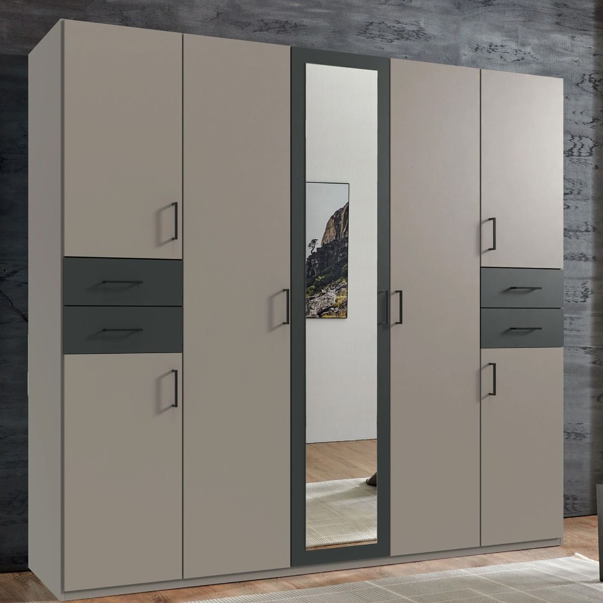 Fenton 225cm wardrobe in grey, with mirrored doors — contrasting dark drawer fronts