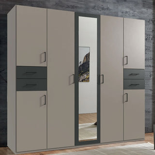 Fenton 225cm wardrobe in grey, with mirrored doors — contrasting dark drawer fronts