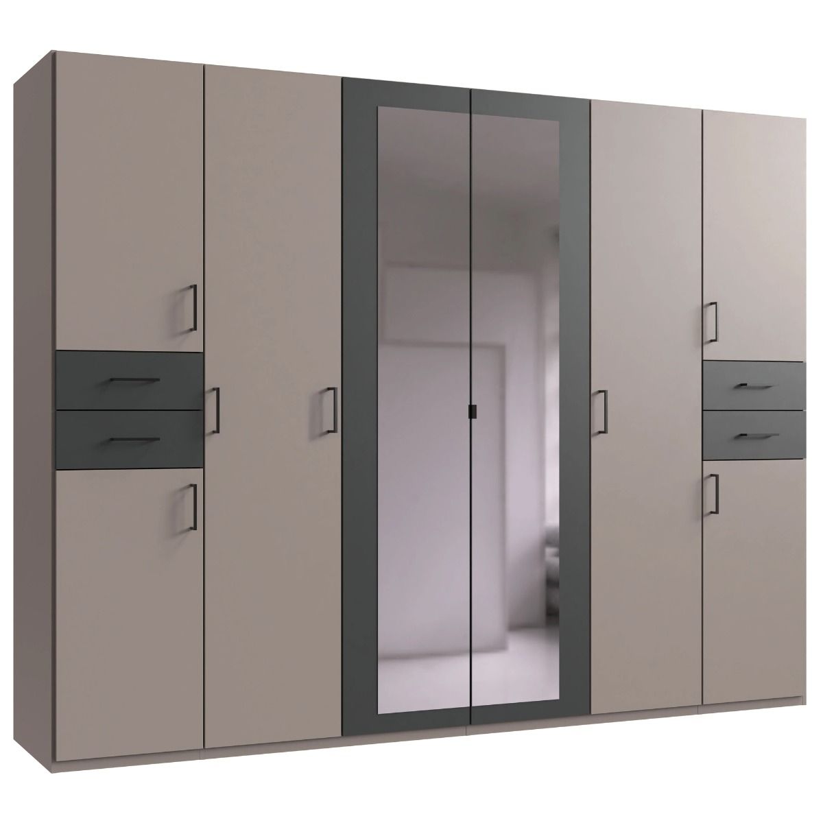 Fenton 270cm wardrobe in grey, with mirrored doors — contrasting dark drawer fronts