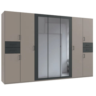 Fenton 313cm wardrobe in grey, with mirrored doors — contrasting dark drawer fronts