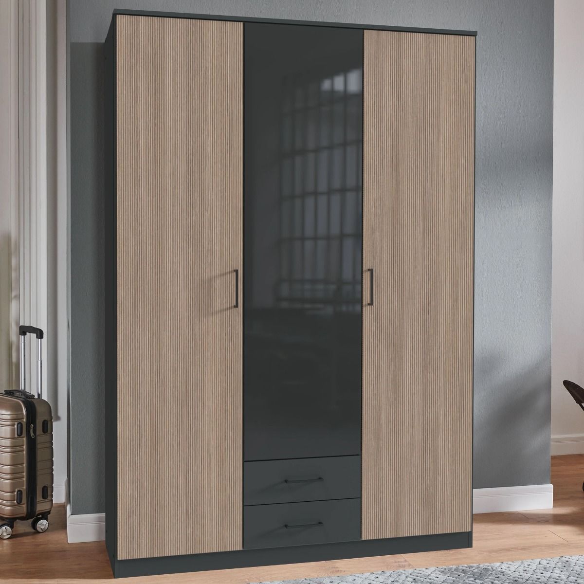 Furia 135cm wardrobe in grey — oak-tone side panels