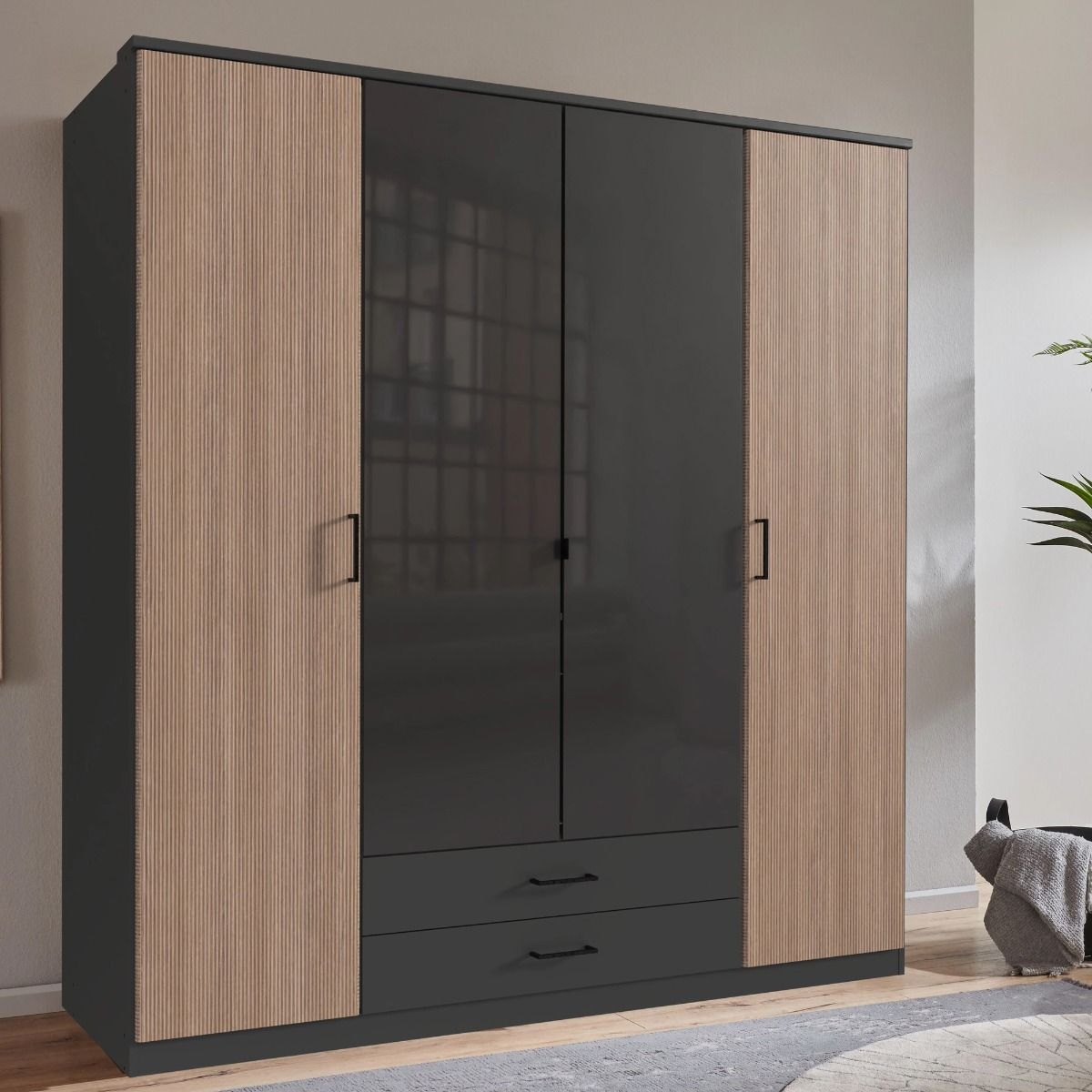 Furia 180cm wardrobe in grey — oak-tone side panels