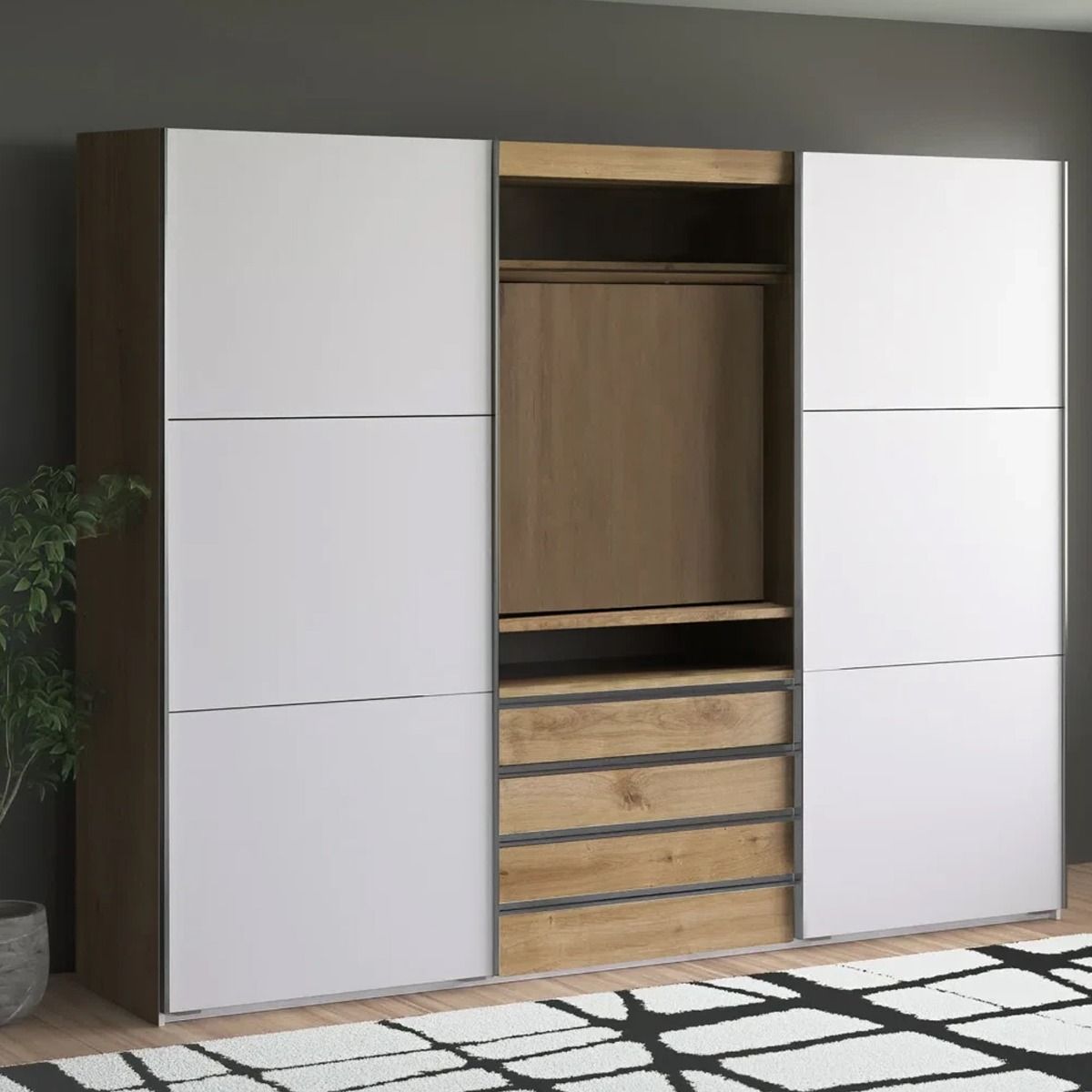 Magica 300cm wardrobe with doors open, showing the internal storage layout