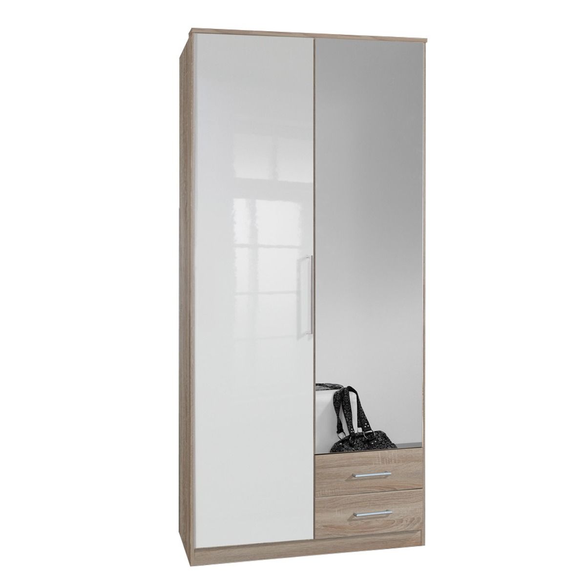 Gema 90cm wardrobe in white and oak gloss, with mirrored doors