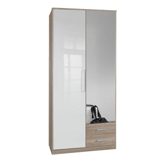 Gema 90cm wardrobe in white and oak gloss, with mirrored doors