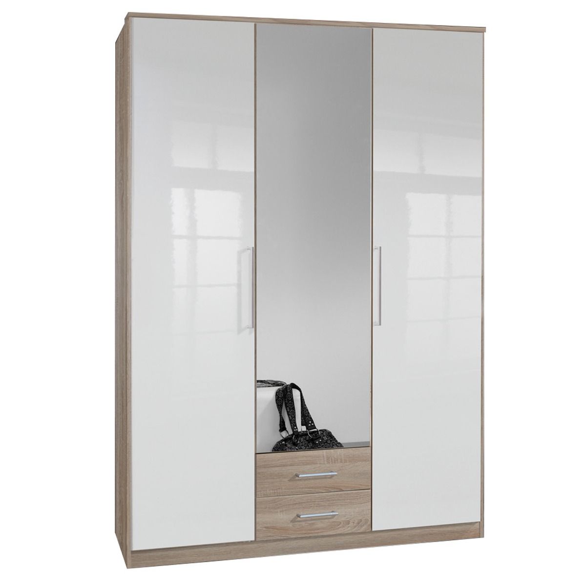 Gema 135cm wardrobe in white and oak gloss, with mirrored doors