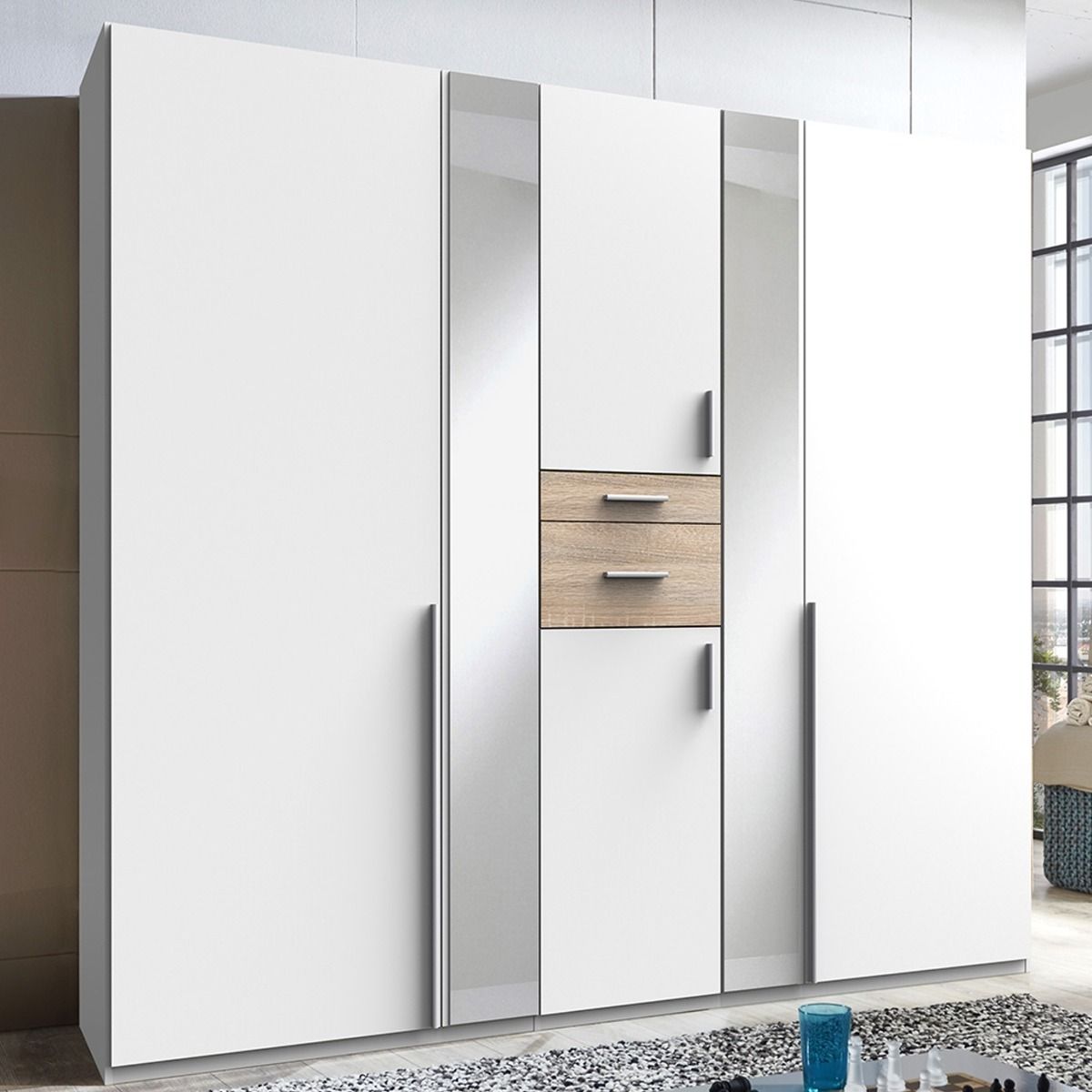 Odense 225cm wardrobe in white and oak, with mirrored doors
