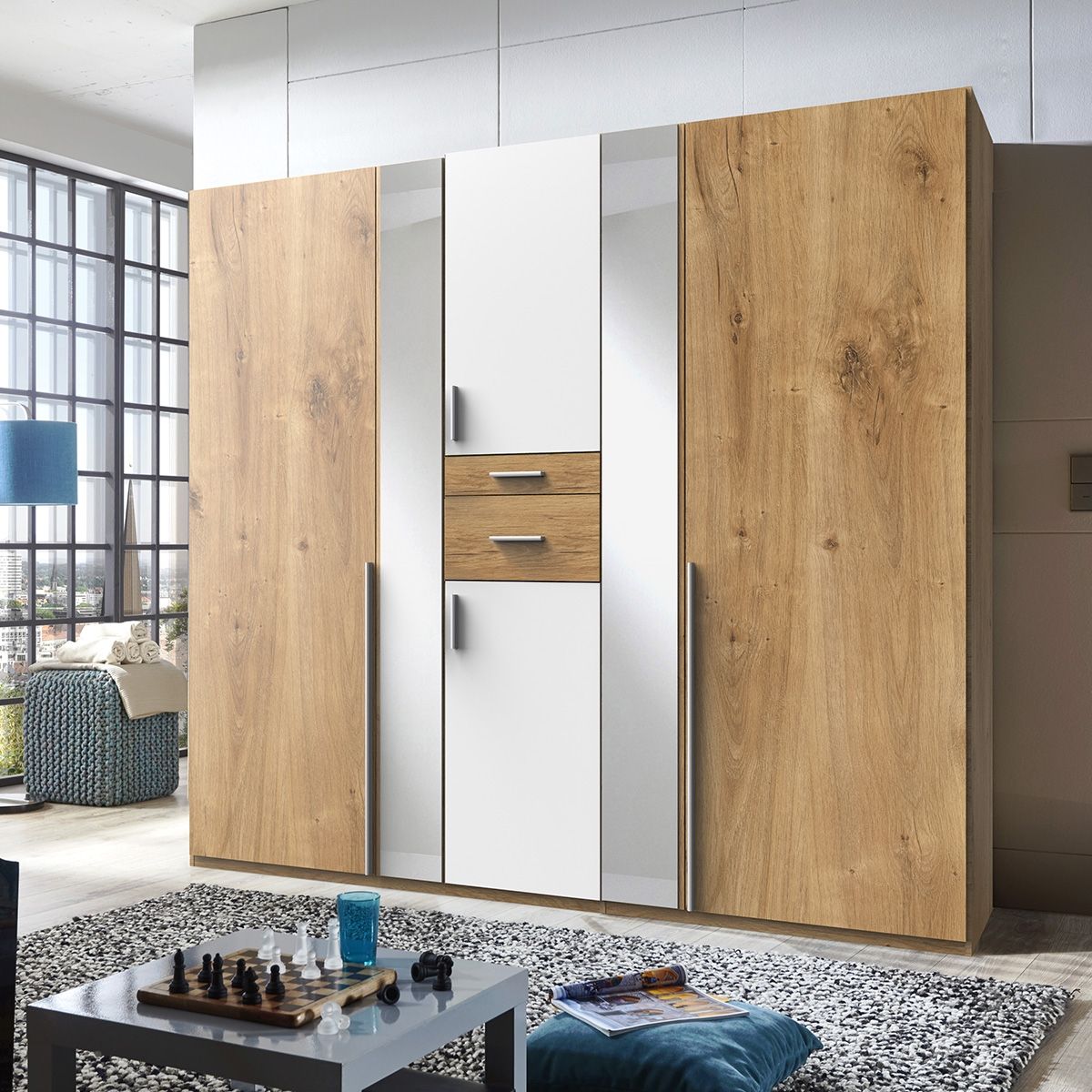 Odense 225cm wardrobe in white and planked oak, with mirrored doors